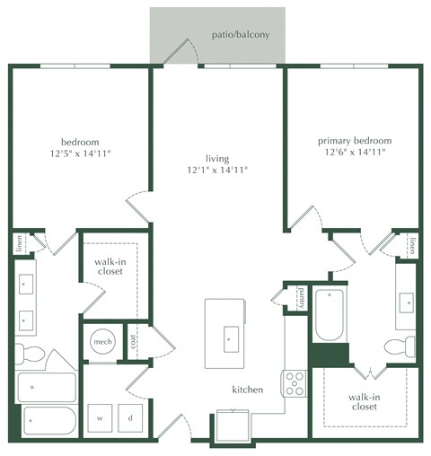 Floor plan for 2 beds, 2 baths, 1260 sqft